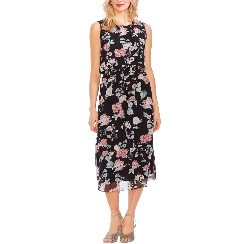 midi dresses with unique frills -Vince Camuto Womens Floral Midi Dress, Black, Small