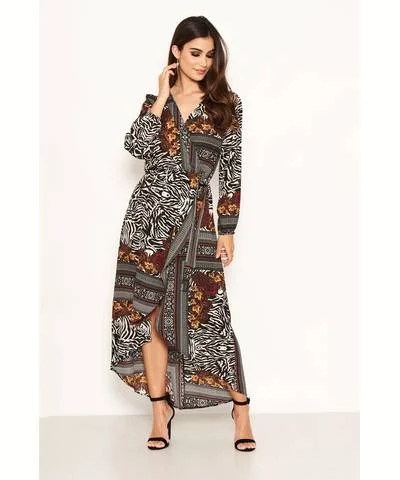 trendy midi dresses for fall -Zebra Mixed Print Wrap Midi Dress