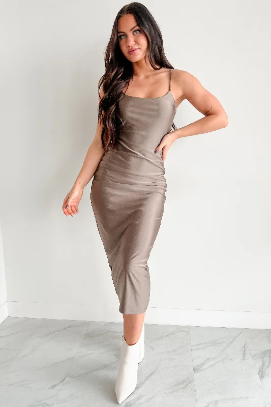 cute midi dresses for women -Almost Everyday Glossy Midi Dress (Taupe)