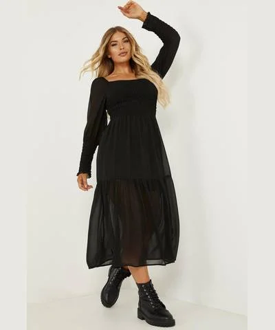 trendy midi dresses for club -Black Chiffon Shirred Tiered Midi Dress