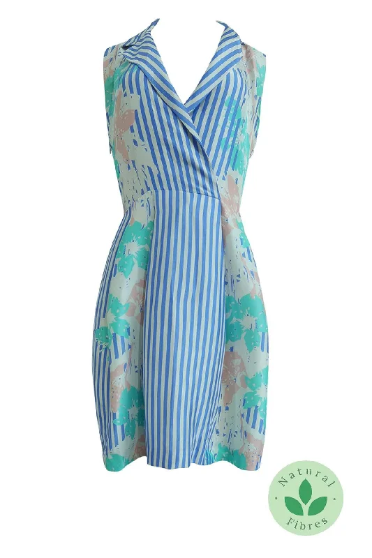 cute midi dresses for spring -Blue & White Striped Midi Dress With Floral Prints