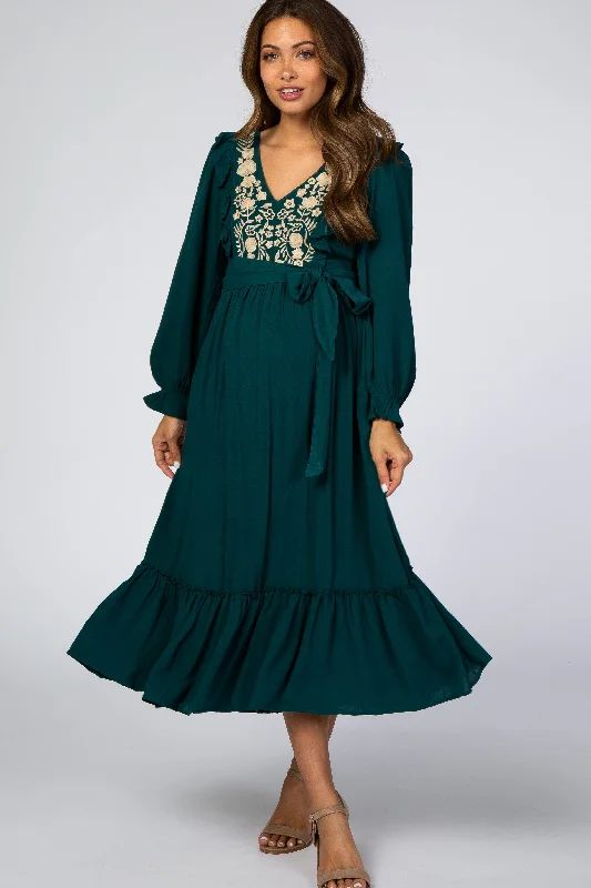 black midi dresses with frills -Emerald Floral Embroidered Ruffled Maternity Midi Dress