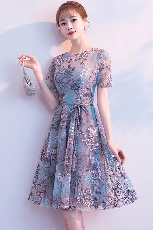 elegant midi dresses for sale -Short Sleeve Embroidered Tulle Midi Dress