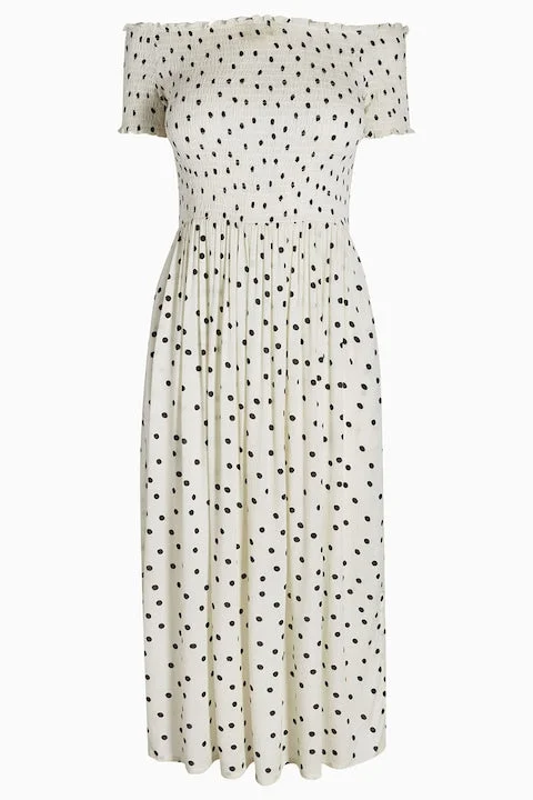 boho midi dresses for club -Polka Dot Shirred Midi Dress