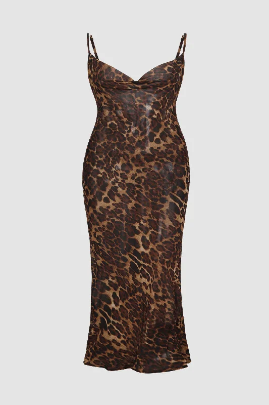 casual midi dresses for club -Plus Size Leopard Print Draped Cowl Neck Slip Midi Dress