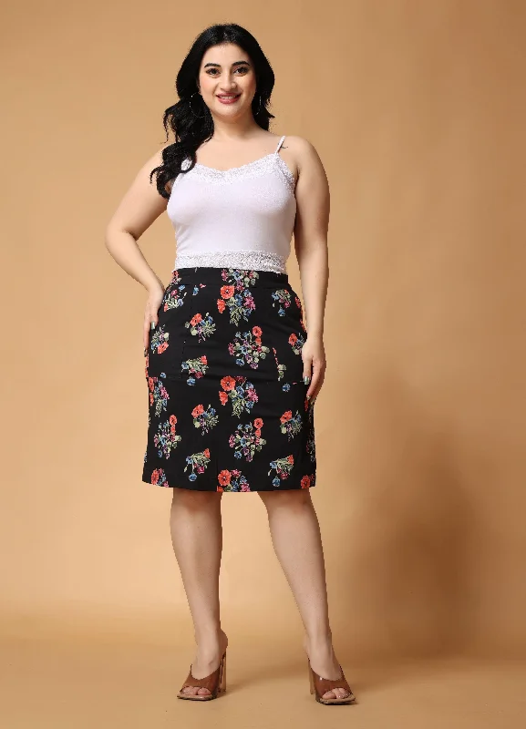 wrap midi dresses for comfort -Black Floral Printed Midi Skirt