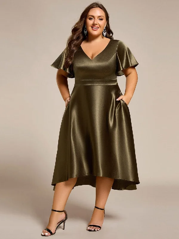 white midi dresses for women -Plus Size Satin Midi Wedding Guest Dress with Pockets