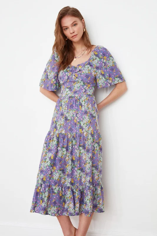 trendy midi dresses for women -Purple Floral Woven Midi Dress