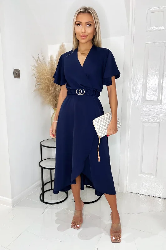 black midi dresses for teens -Navy Short Sleeve Belted Wrap Midi Dress