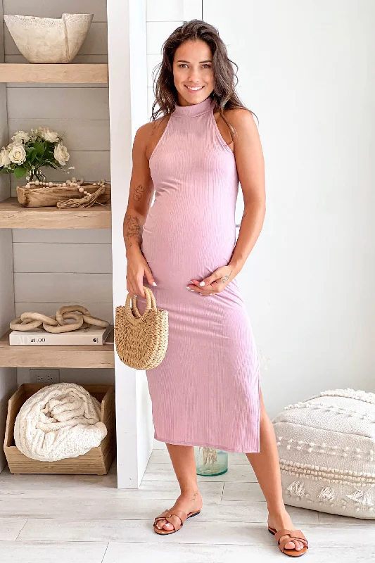 elegant midi dresses for warmth -Mauve Halter Neck Maternity Midi Dress With Side Slit