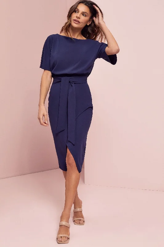 trendy midi dresses for warmth -Kimono Sleeve Belted Midi Dress Navy