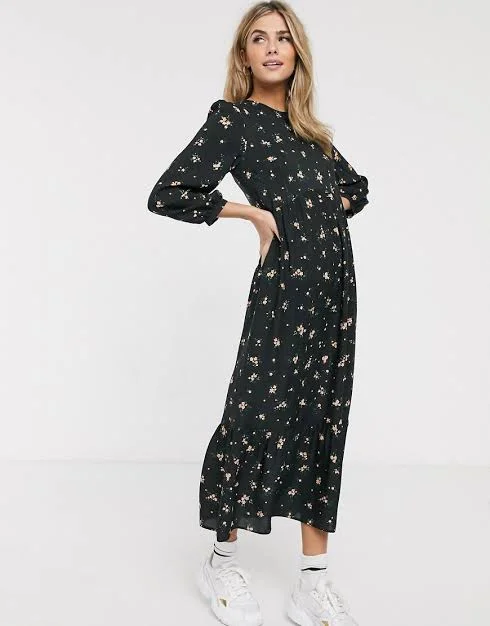 cute midi dresses for teens -Volume Sleeve Midi Dress with Tiered Skirt in Ditsy Floral-Black