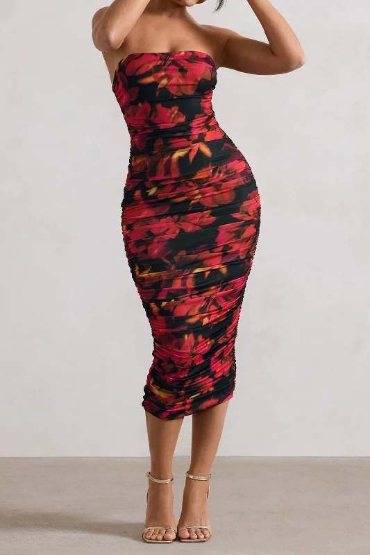 chic midi dresses for fall -Floral Print Ruched Zipper Slit Strapless Midi Dress