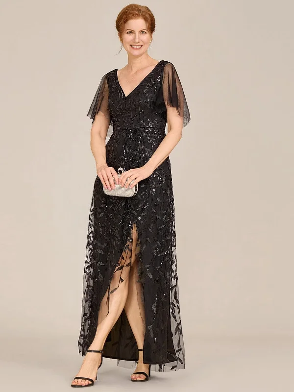 midi dresses for guest events -Short Sleeves Sequin High Low V-Neck Midi Mother of the Bride Dress