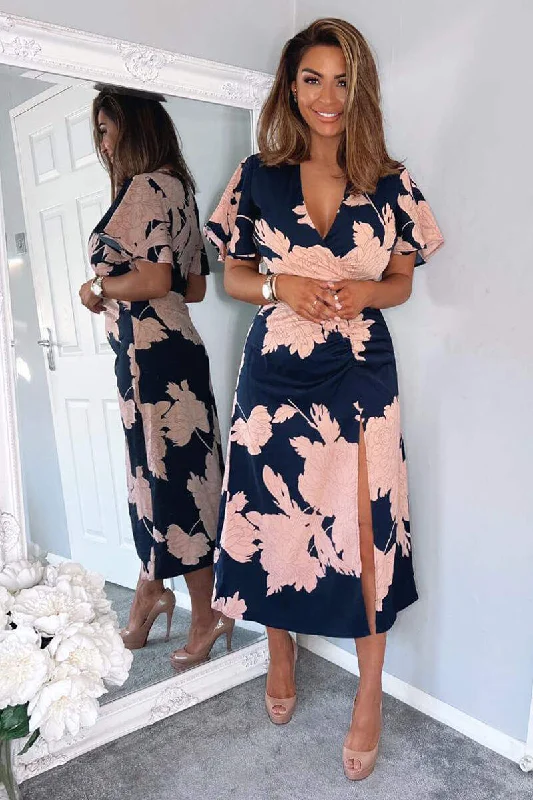 boho midi dresses for warmth -Navy And Blush Floral Print Bell Sleeve Midi Dress