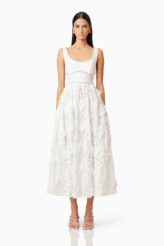 cute midi dresses for women -Daffodil Lace Midi Dress In White