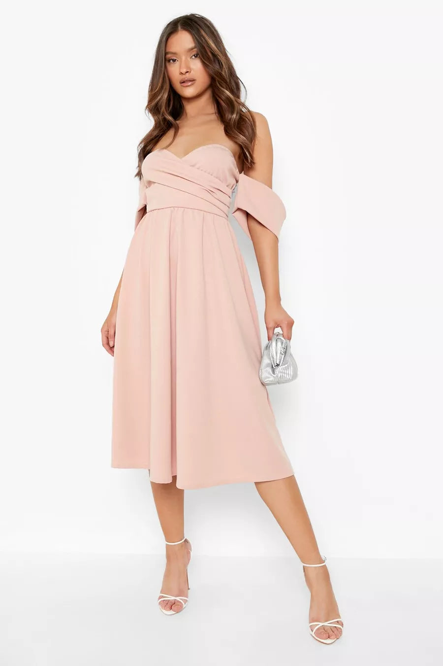 boho midi dresses for teens -Bardot Pleat Detail Midi Skater Dress Rose