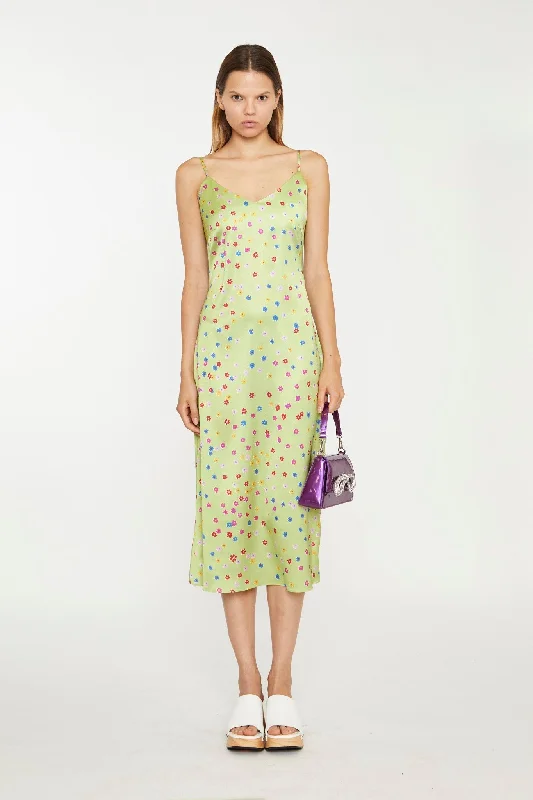 casual midi dresses for teens -Lime-Multi Daisy Bias-Cut Slip Midi-Dress