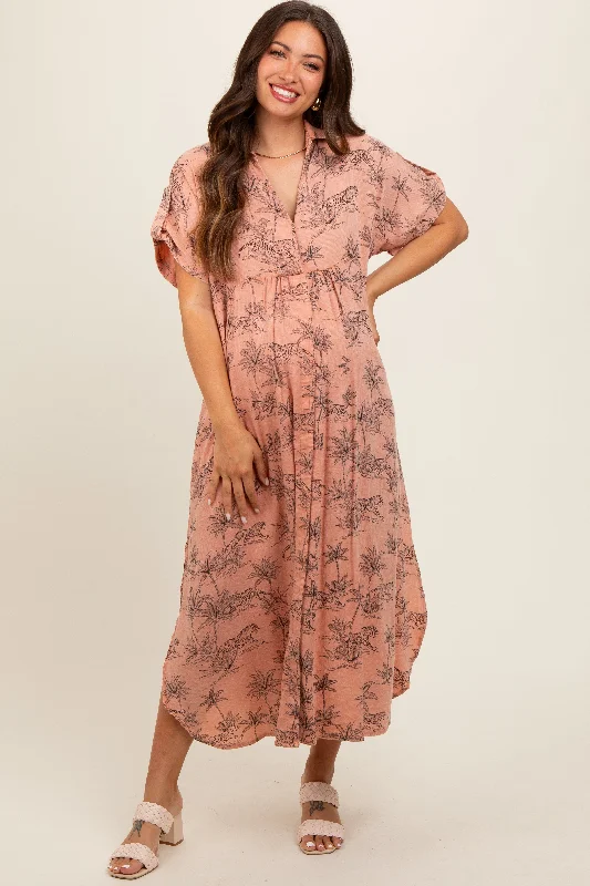 elegant midi dresses for summer -Peach Tiger Print Button Front Rounded Hem Maternity Midi Dress