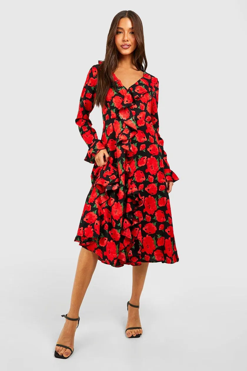 midi dresses with floral prints -Rose Print Ruffle Midi Smock Dress