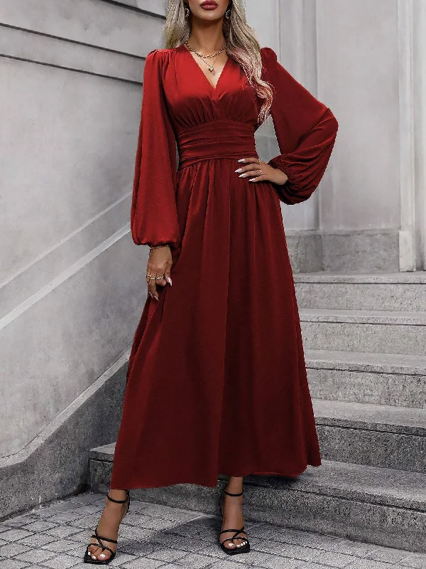 luxury midi dresses on clearance -Solid Color V Neck Lantern Sleeves Slit Midi Dress