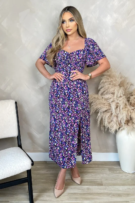 chic midi dresses for style -Purple Animal Print Short Sleeve Tie Front Midi Dress