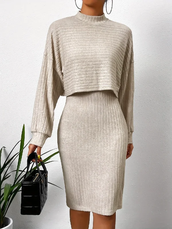 chic midi dresses for style -2 Pieces Sleeveless Midi Sheath Sweater Dress & Mock Neck Cropped Knit Top Set