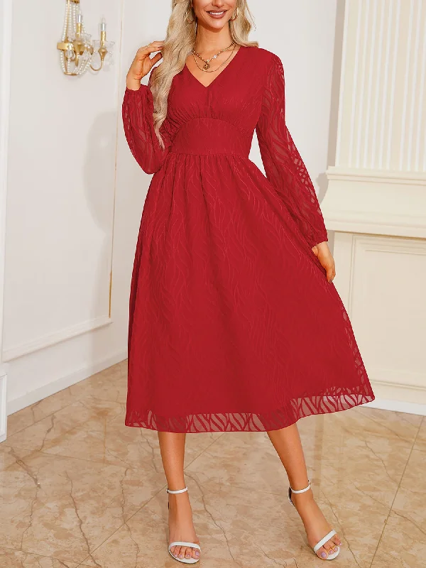 casual midi dresses with prints -Lantern Sleeve Textured A-Line Midi Dress