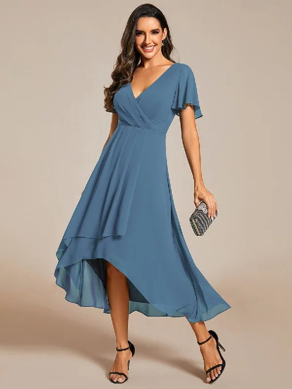 elegant midi dresses for style -Lana | Pleated Chiffon Ruffles Sleeve Midi Evening Dress