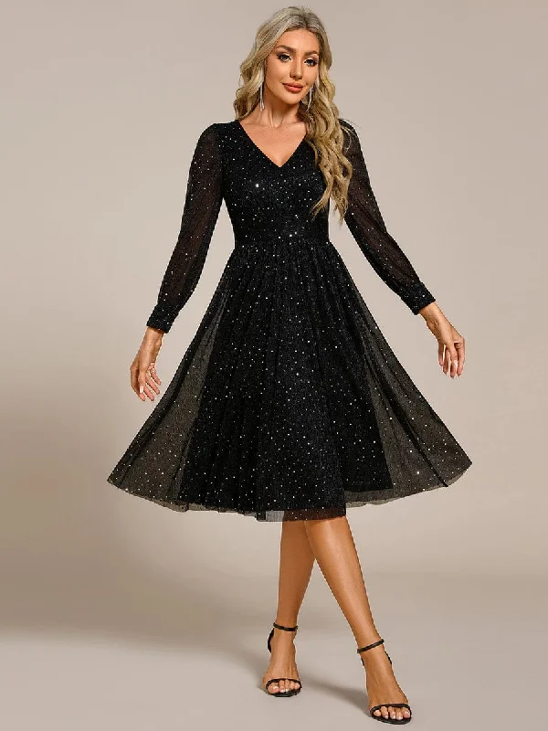 soft midi dresses for comfort -Glitter Midi Wedding Guest Dress with Long Sleeves