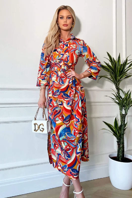 chic midi dresses for women -Multi Printed Button Up Top Midi Dress