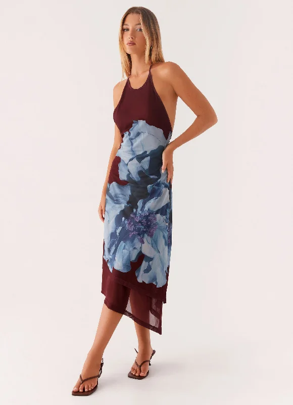 casual midi dresses for fall -Brinley Halterneck Midi Dress - Maroon Print