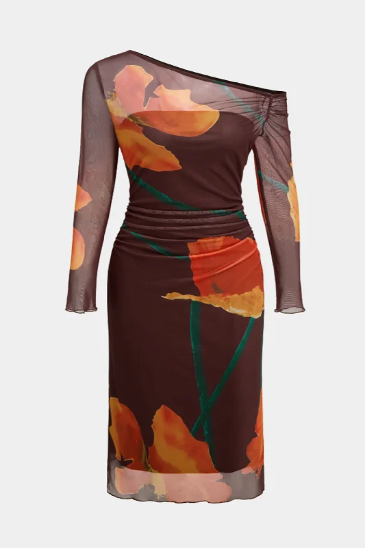 cute midi dresses for women -Plus Size Floral Print Mesh Boat Neck Long Sleeve Midi Dress