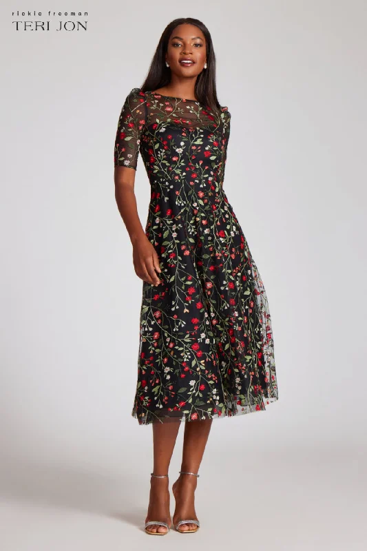 chic midi dresses for style -Floral Embroidered Tulle Midi Dress