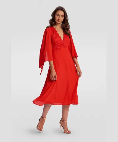 boho midi dresses for women -Red Wide Sleeve Midi Dress