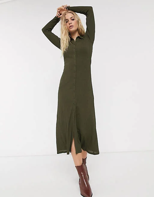 black midi dresses for warmth -Khaki Ribbed Midi Cardigan Style Dress