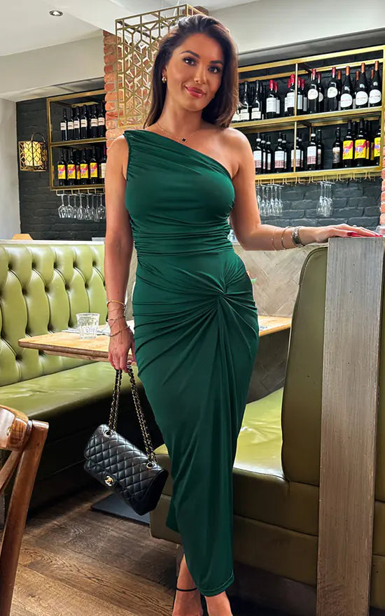 cute midi dresses for warmth -Teal One Shoulder Knot Skirt Midi Dress