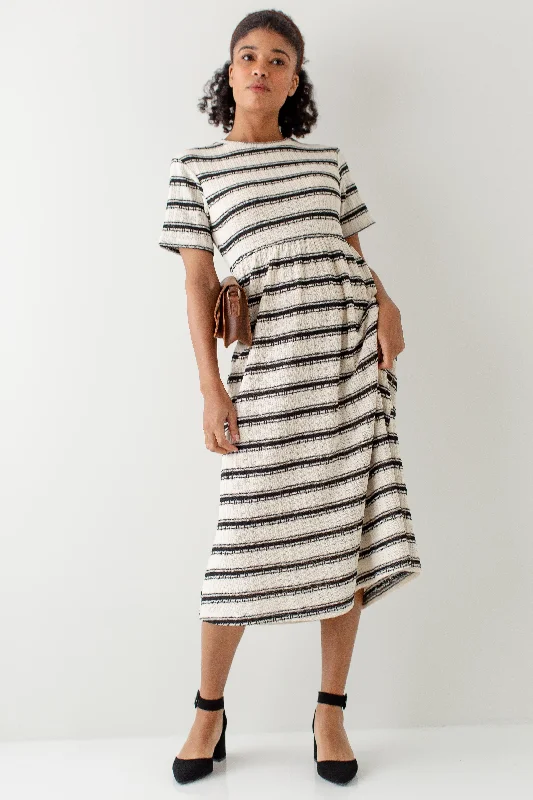 midi dresses with lace prints -'Lyric' Striped Crochet Knit Midi Dress in Cream