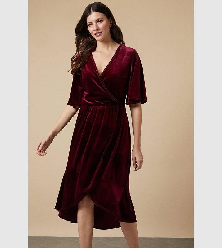 black midi dresses for warmth -Tall Velvet Wrap Midi Dress Burgundy Red