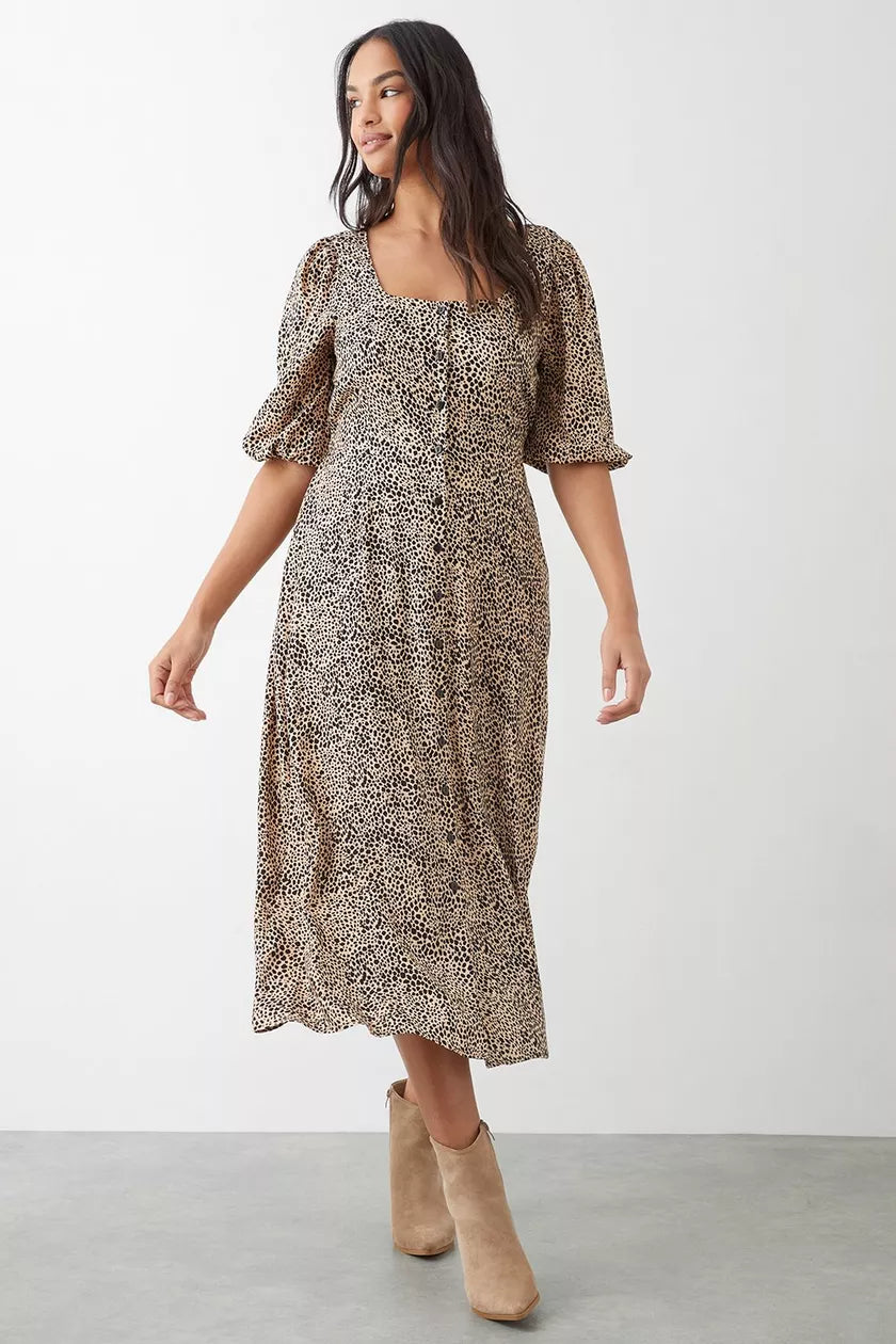 boho midi dresses for women -Leopard Print Button Through Midi Dress