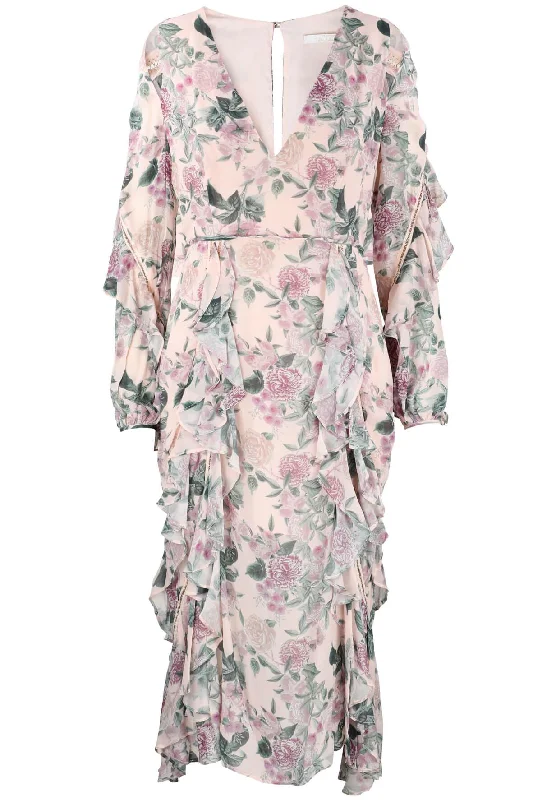 halter midi dresses for warmth -Floral Pleasure Long Sleeve Midi Dress