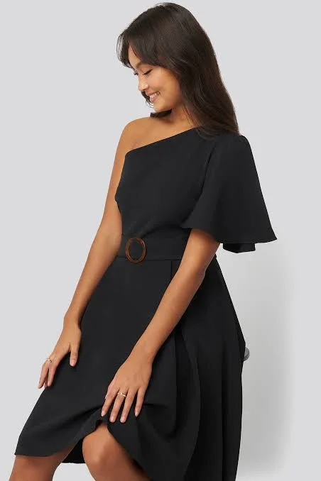 boho midi dresses for club -One Shoulder Belted Midi Dress