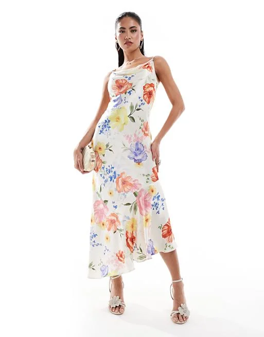 cute midi dresses for summer -Cami Sleeve Floral Satin Bias Midi Dress