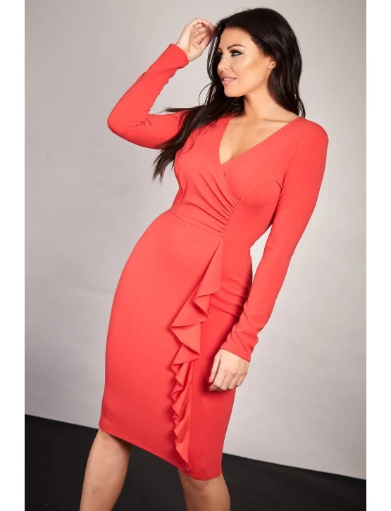 boho midi dresses for teens -Red Long Sleeve Wrap Bodycon Midi Dress