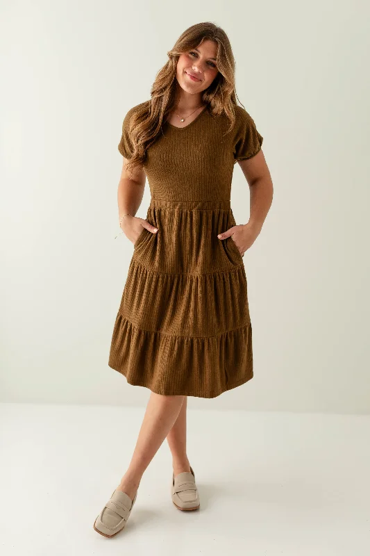 casual midi dresses for summer -'Potter' Ribbed Raglan Sleeve Midi Dress in Olive Brown