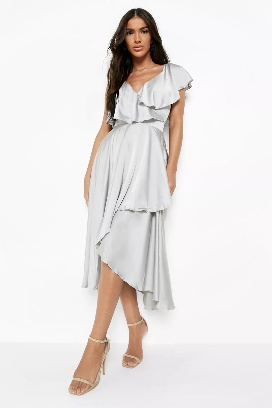 black midi dresses for summer -Satin Ruffle Wrap Midi Dress