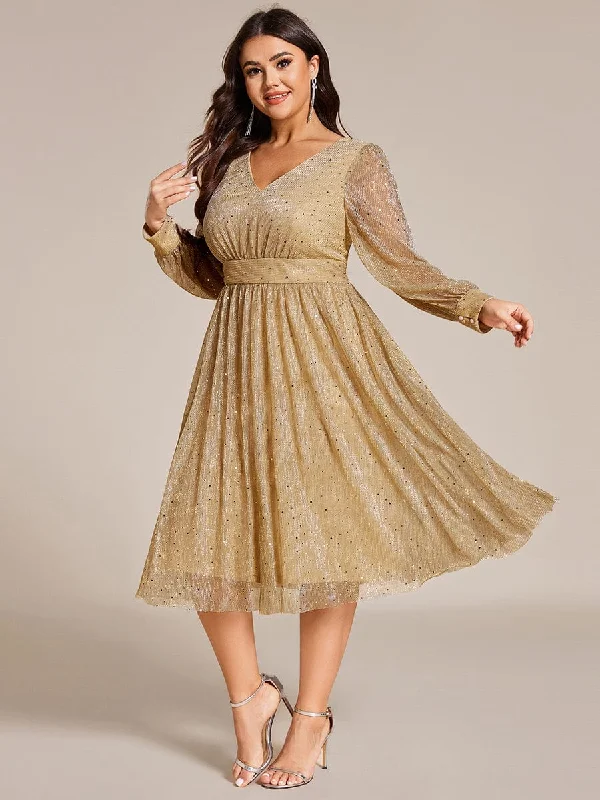 affordable midi dresses for trips -Plus Size Glitter Midi Wedding Guest Dress with Long Sleeves