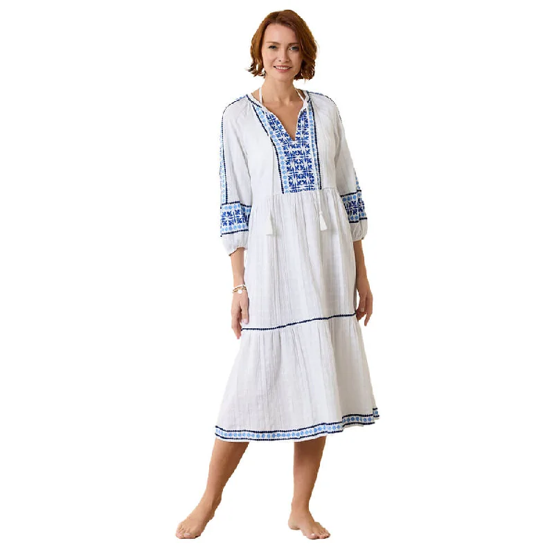 midi dresses with floral design -Tommy Bahama Mykonos Tiered Midi Dress Cover Up - White*