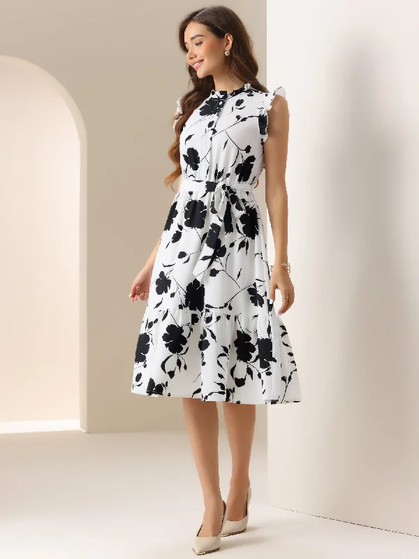 cute midi dresses for style -Floral Sleeveless Ruffle Neck Lace-Up Midi Dress