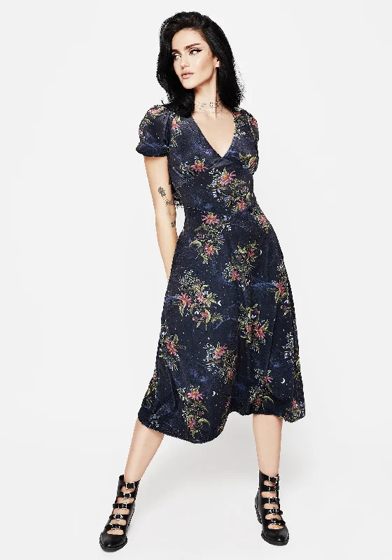 casual midi dresses with prints -Cleome Floral Spiderweb Velour Corset Midi Dress